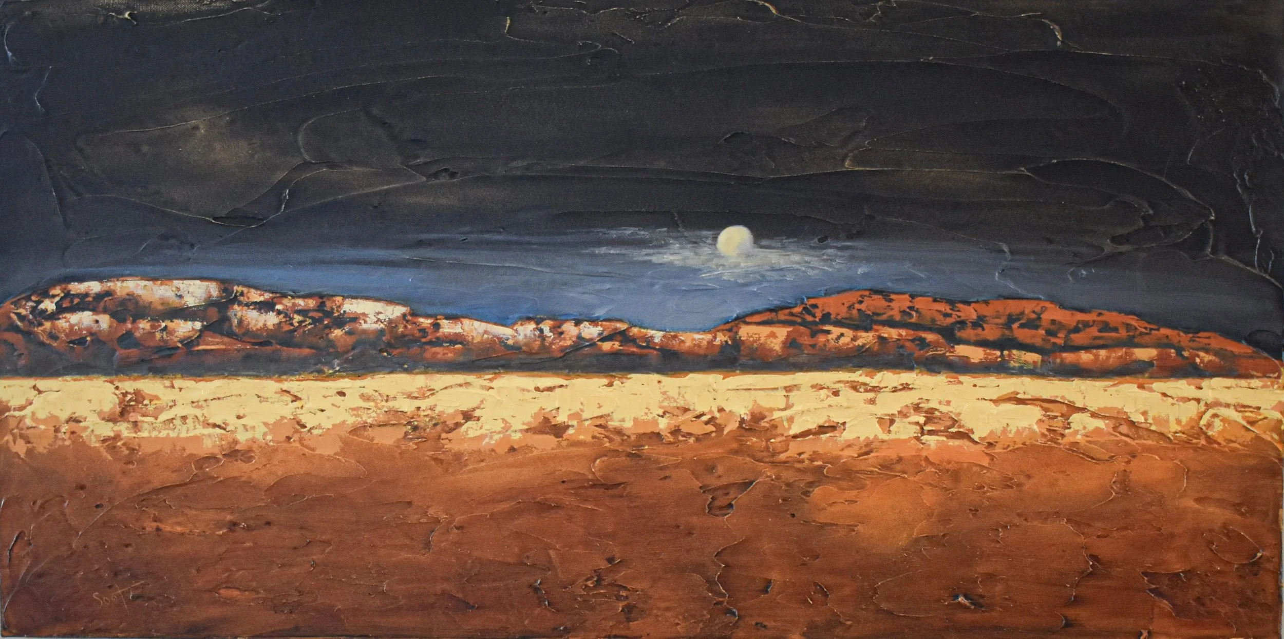 Enduring Light, an original experiential landscape oil painting by Kelly Sooter featuring a richly textured moonlit desert expressing endurance, perspective, and quiet strength.