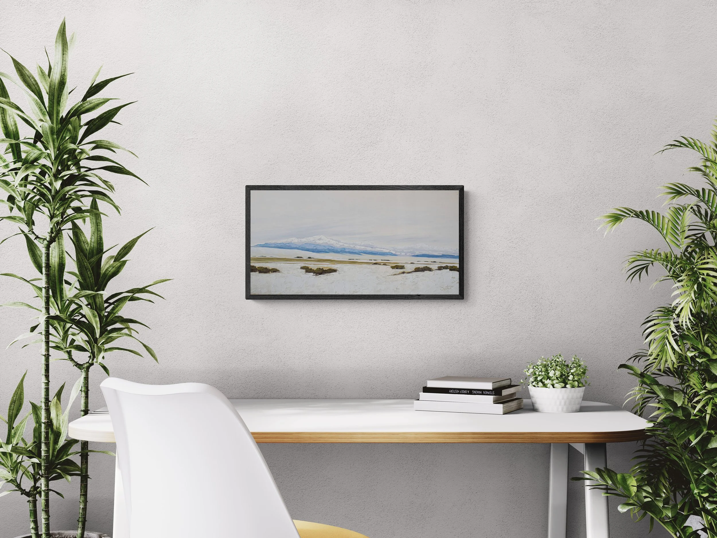 Room view showing "Gratitude," an original experiential landscape oil painting by Kelly Sooter, displayed in a contemporary interior to illustrate scale and presentation.