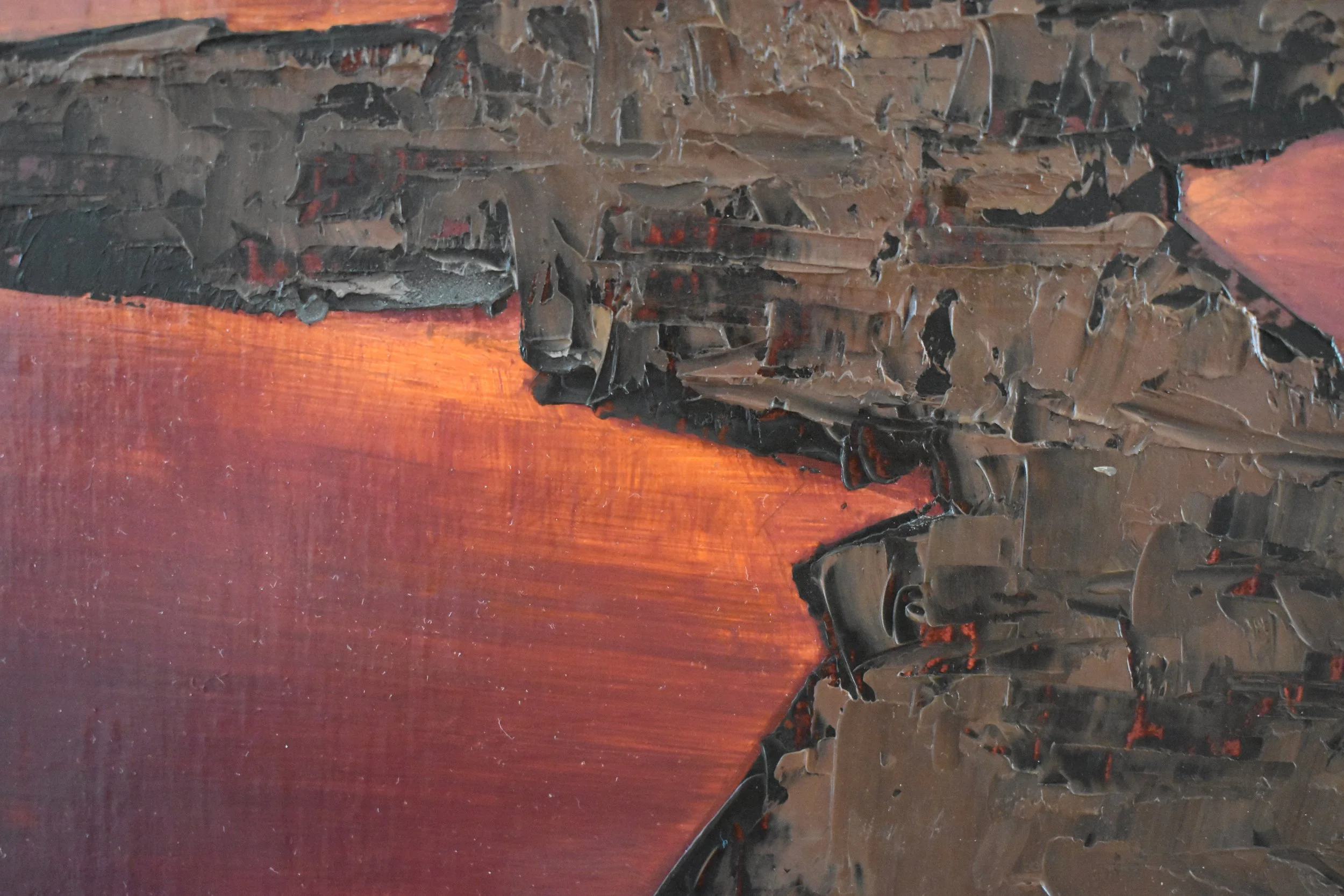 Close-up detail of Path Through The Storm by Kelly Sooter, revealing expressive palette knife texture, layered oil paint, and illuminated desert cliffs in the original painting.