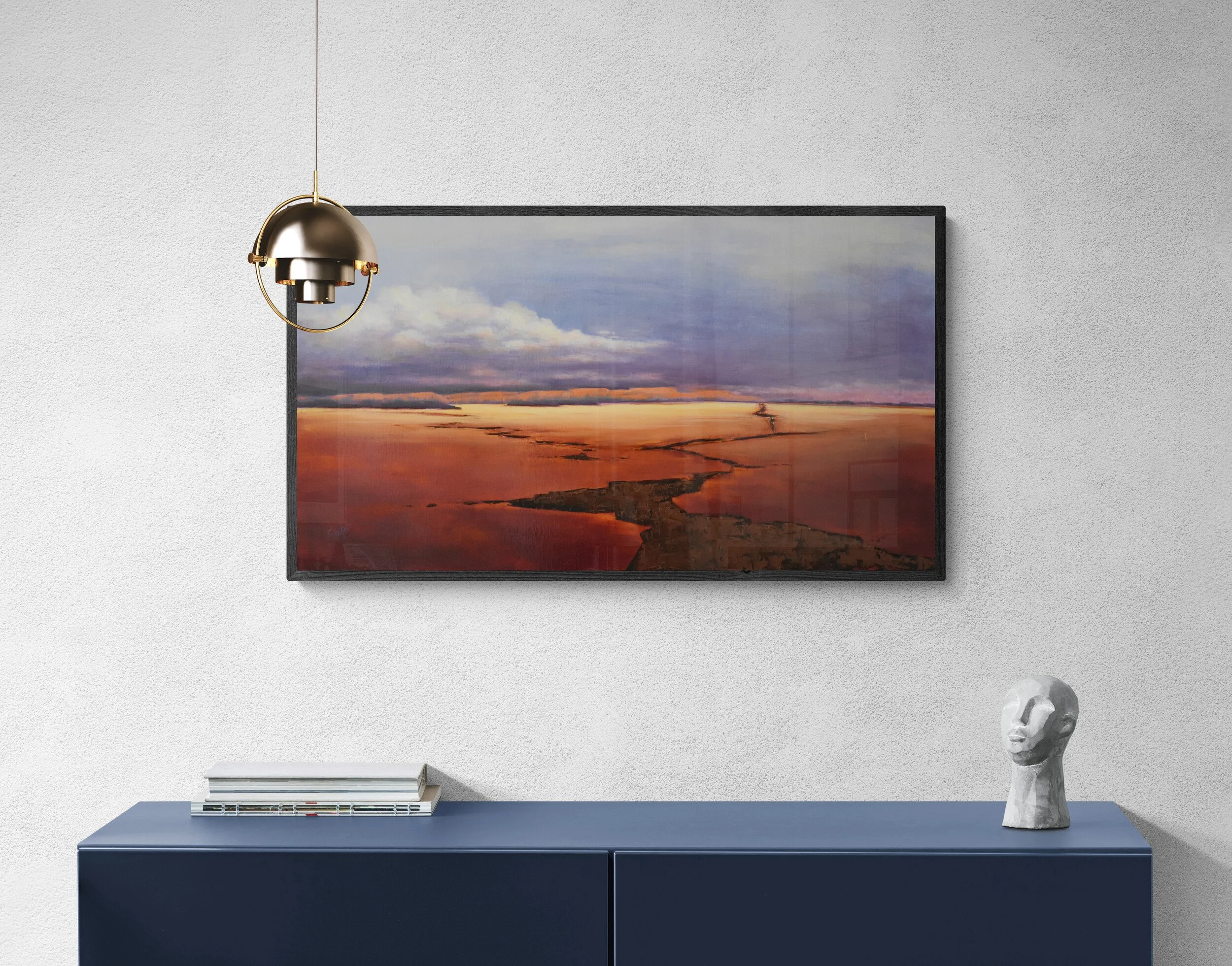 Room view showing Path Through The Storm, an original oil landscape painting by Kelly Sooter, displayed in a contemporary interior to illustrate scale, presentation, and placement.