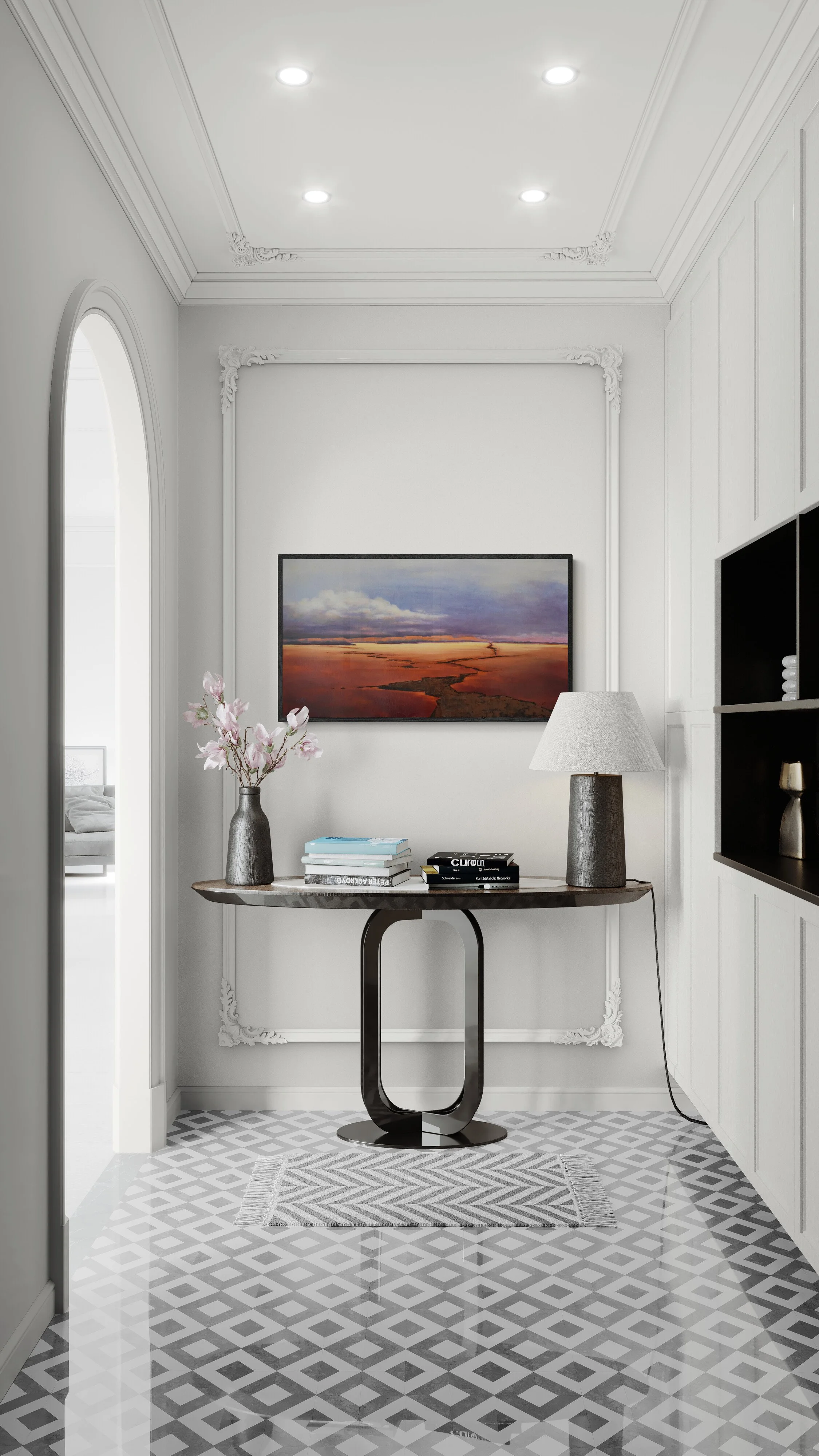 Room view showing Path Through The Storm, an original oil landscape painting by Kelly Sooter, displayed in a contemporary interior to illustrate scale, presentation, and placement.