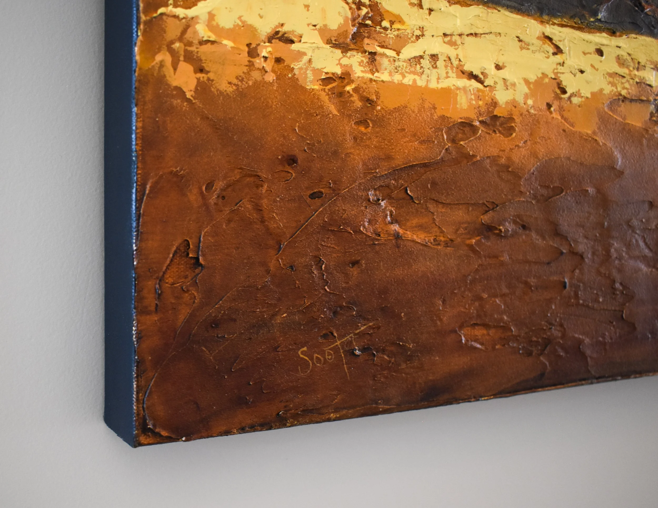 Side profile of the original oil painting Enduring Light by Kelly Sooter, highlighting the textured canvas edge, layered paint application, and sculptural surface.