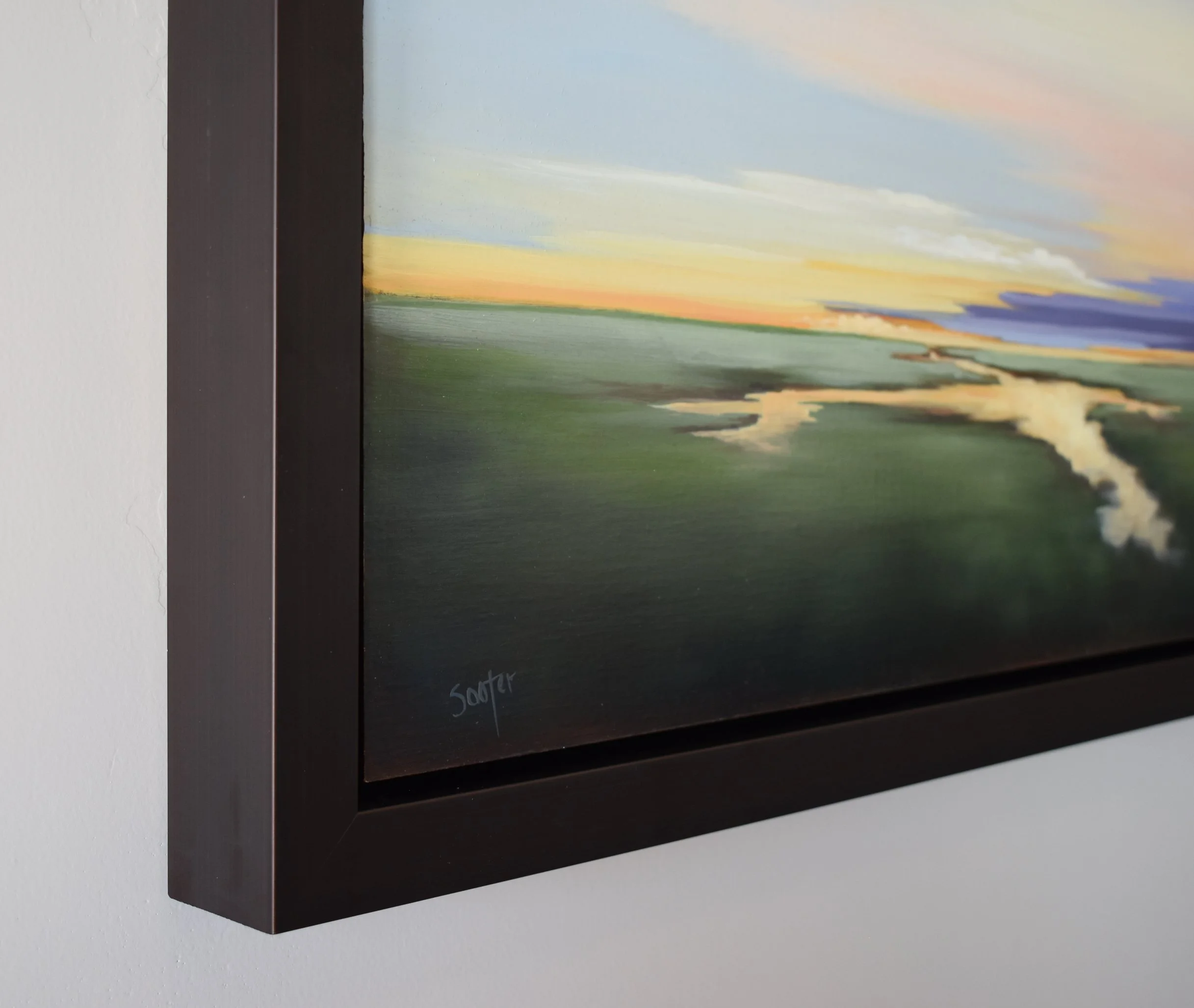 Side profile of the framed original oil painting Gratitude by Kelly Sooter, showing the depth and gallery presentation.