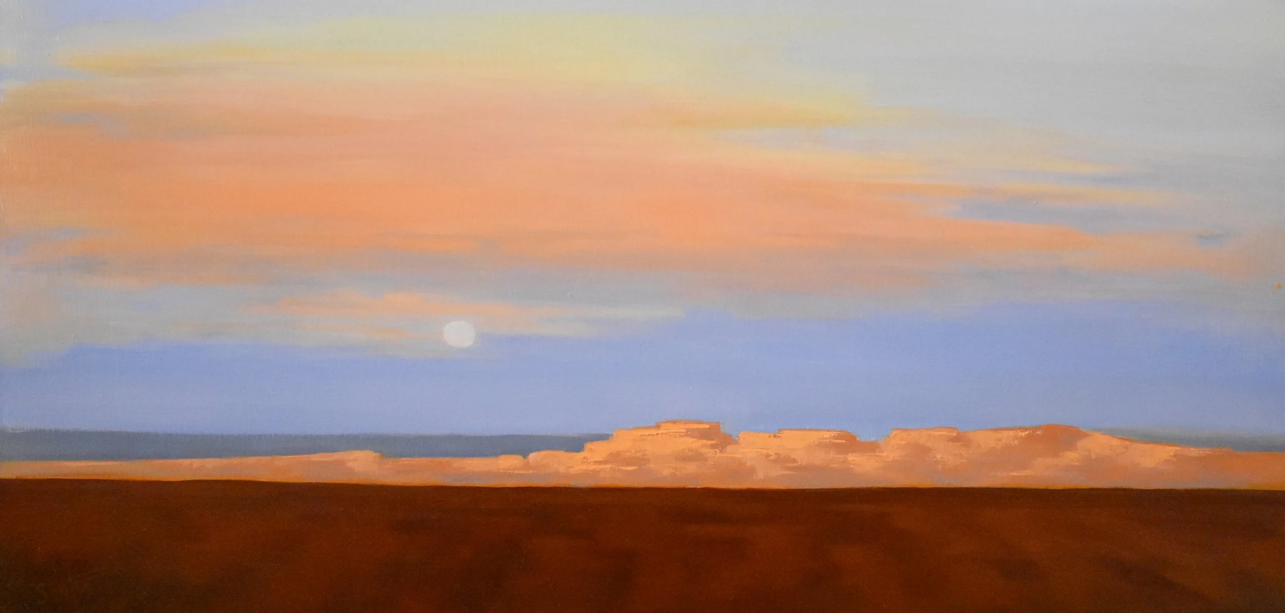 Original experiential landscape oil painting, Making A Statement, featuring an expansive desert horizon beneath a luminous sky, from the Quiet Horizons collection by Kelly Sooter.