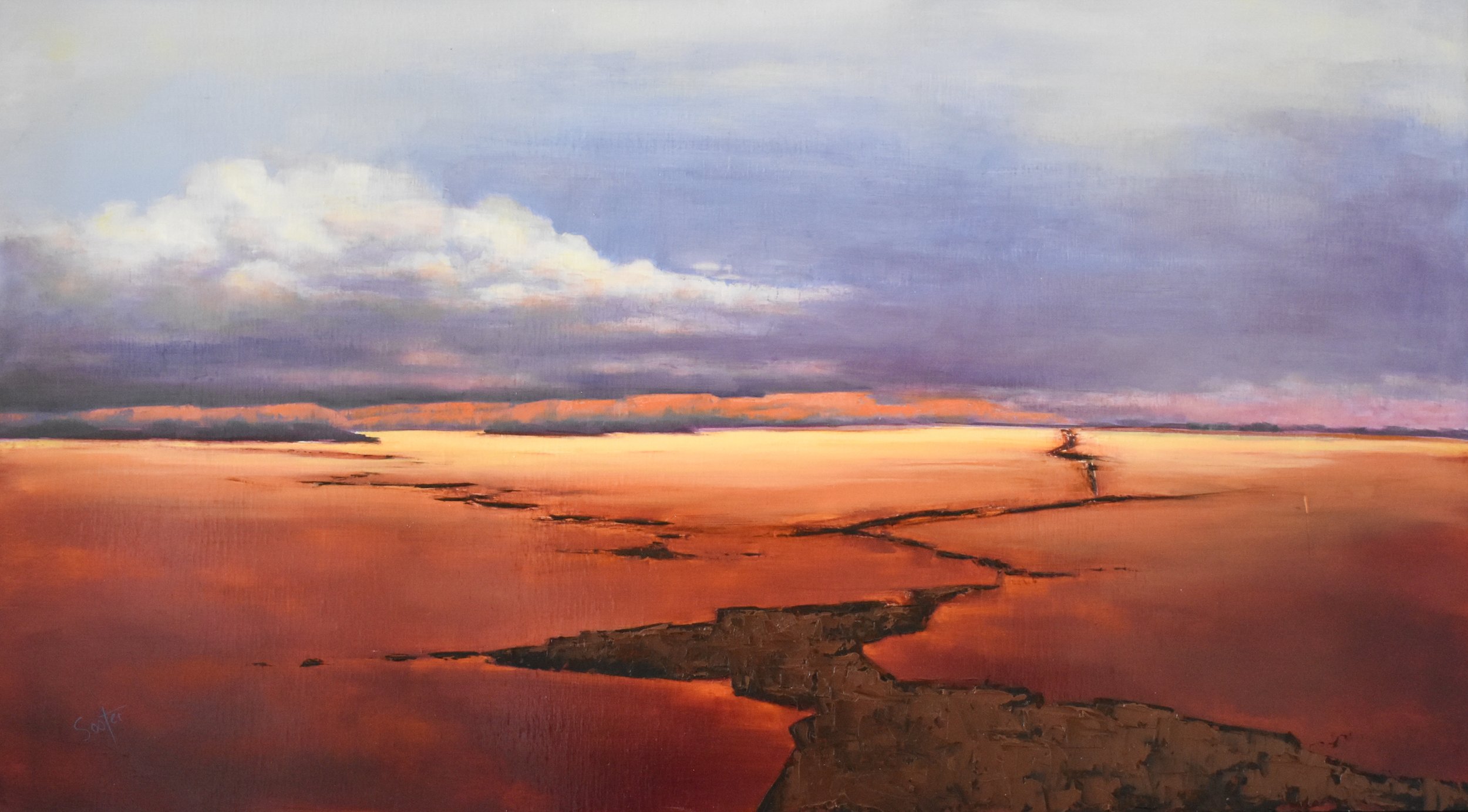Path Through The Storm, original oil landscape painting by Kelly Sooter, featuring a winding desert wash leading toward distant storm clouds and emerging light across the horizon.