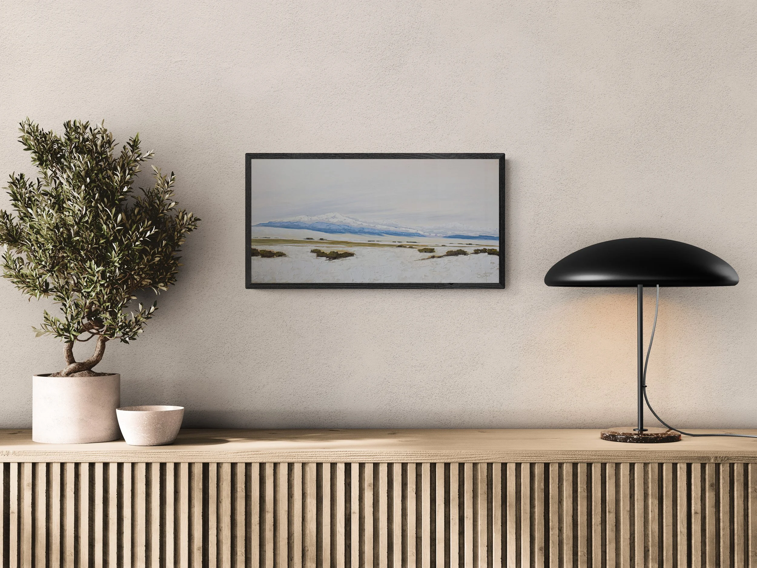Room view showing "Dangerous Beauty," an original experiential landscape oil painting by Kelly Sooter, displayed in a contemporary interior to illustrate scale and presentation.
