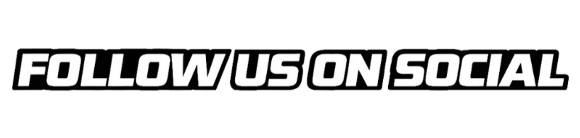 Text graphic with the words "Follow us on social" in bold, white, uppercase letters on a black background.