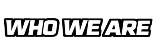 Text that reads "WHO WE ARE" in bold, white letters with a black background.