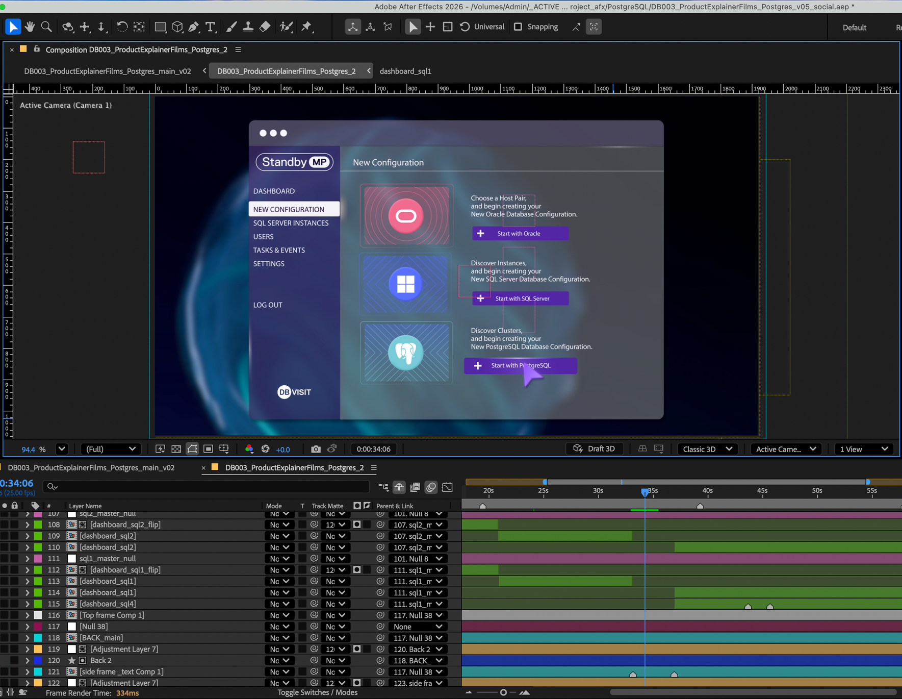 A screenshot showing the after effects composition for a Watchpost animation project.