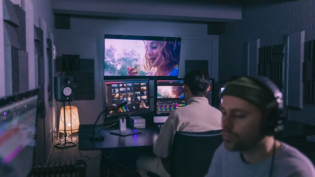 Watchpost's post-production team works in a dark and modern post-production suite.