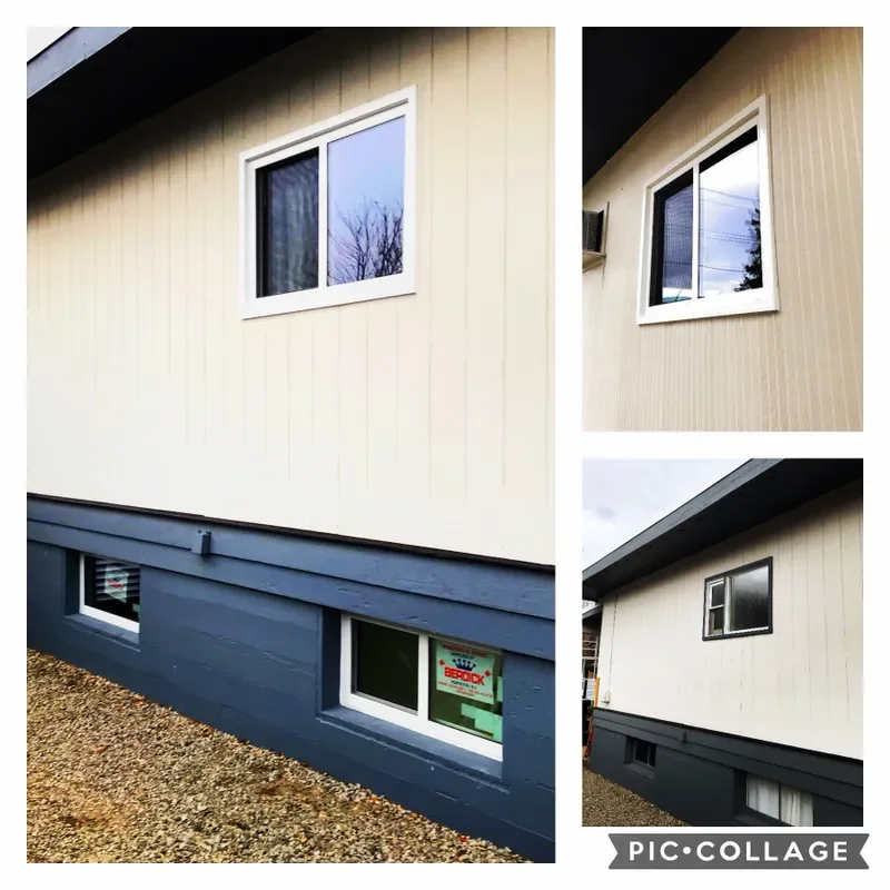 Collage of three photos of a house exterior showing beige vertical siding, white-framed windows, and a gray lower exterior wall with small basement windows, some with glass block. The house has a sloped roof with dark roofing material.