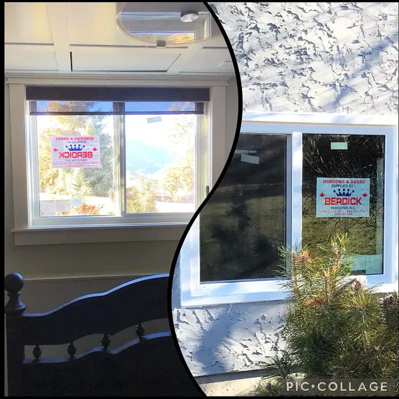 Split screen of two windows with signs. The left window has a red and white sign saying 'business, window and door replacement' with a contact number, while the right window has a similar sign from a different company, with a snowy exterior scene out