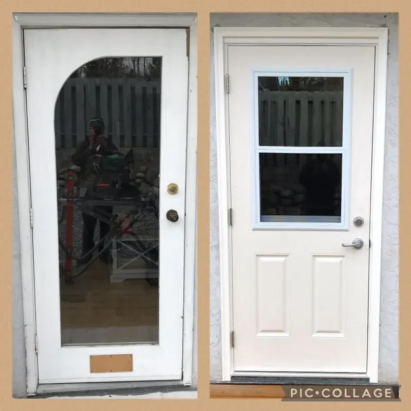Comparison of two white exterior doors, one with a large arched glass window and the other with a smaller double-pane window, both installed on a yellow and white wall.