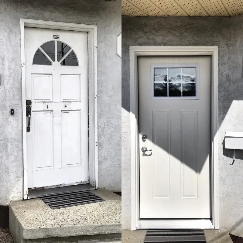 Comparison of two exterior doors, one old and worn with a semi-circular window at the top and peeling paint, the other new and clean with a rectangular window at the top.