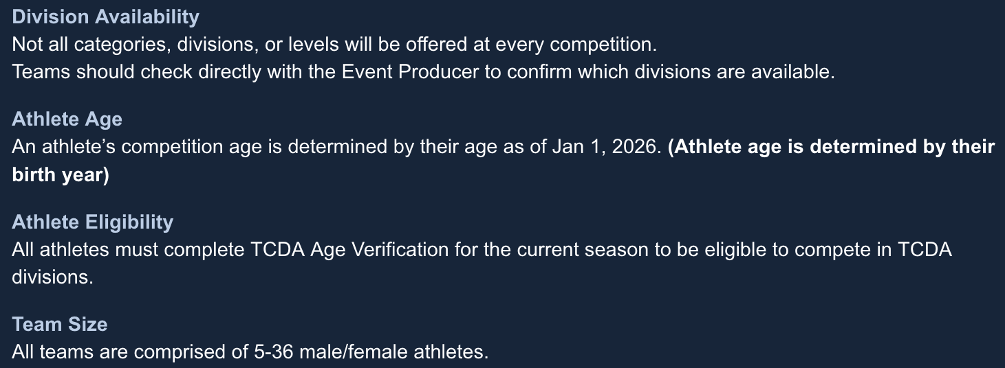 Text providing information about division availability, athlete age, athlete eligibility, and team size for a competition, on a dark blue background.