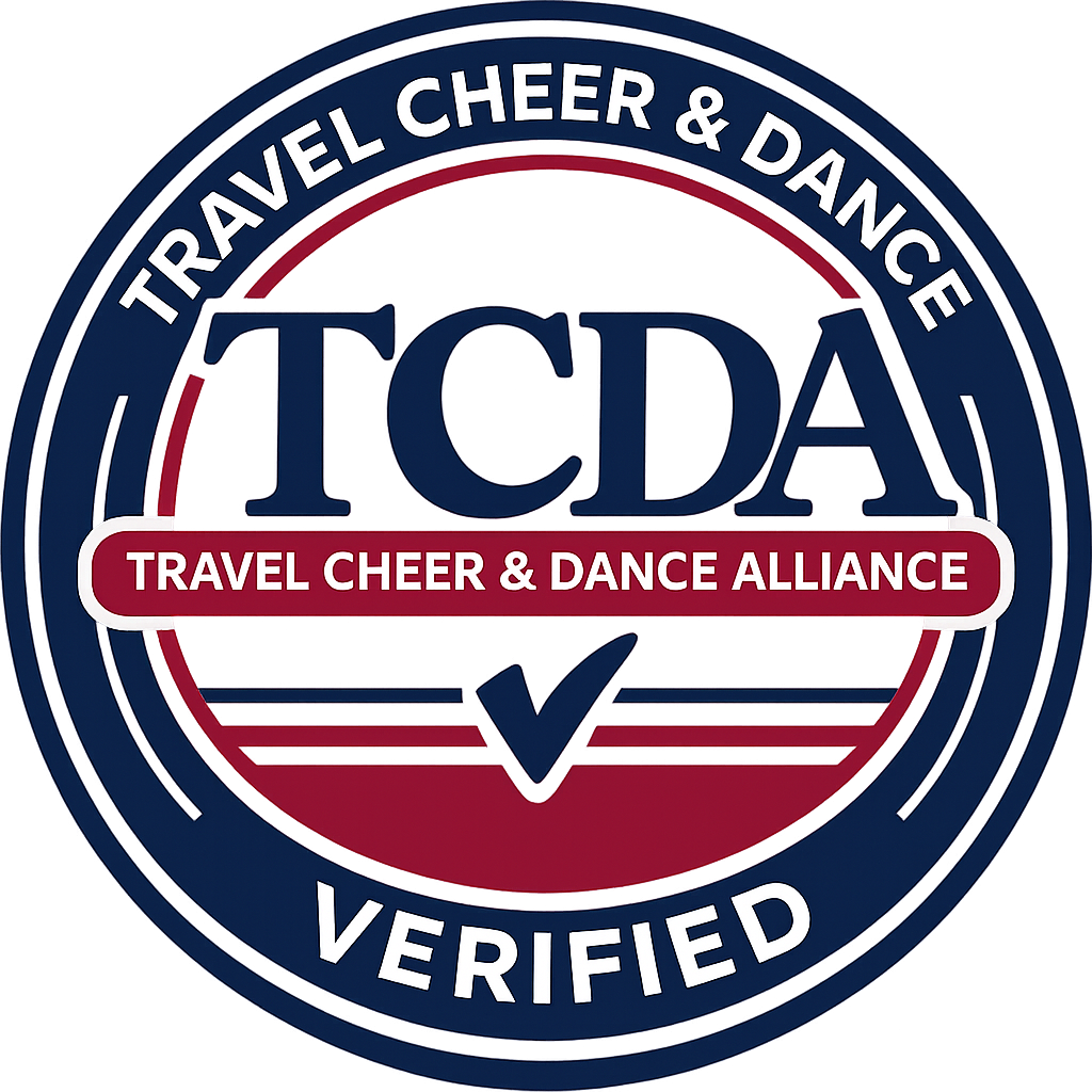 Seal or badge with the words "Travel Cheer & Dance Verified" and the logos for the Travel Cheer & Dance Alliance (TCD) and the International Cheer and Dance Association (ICDA).
