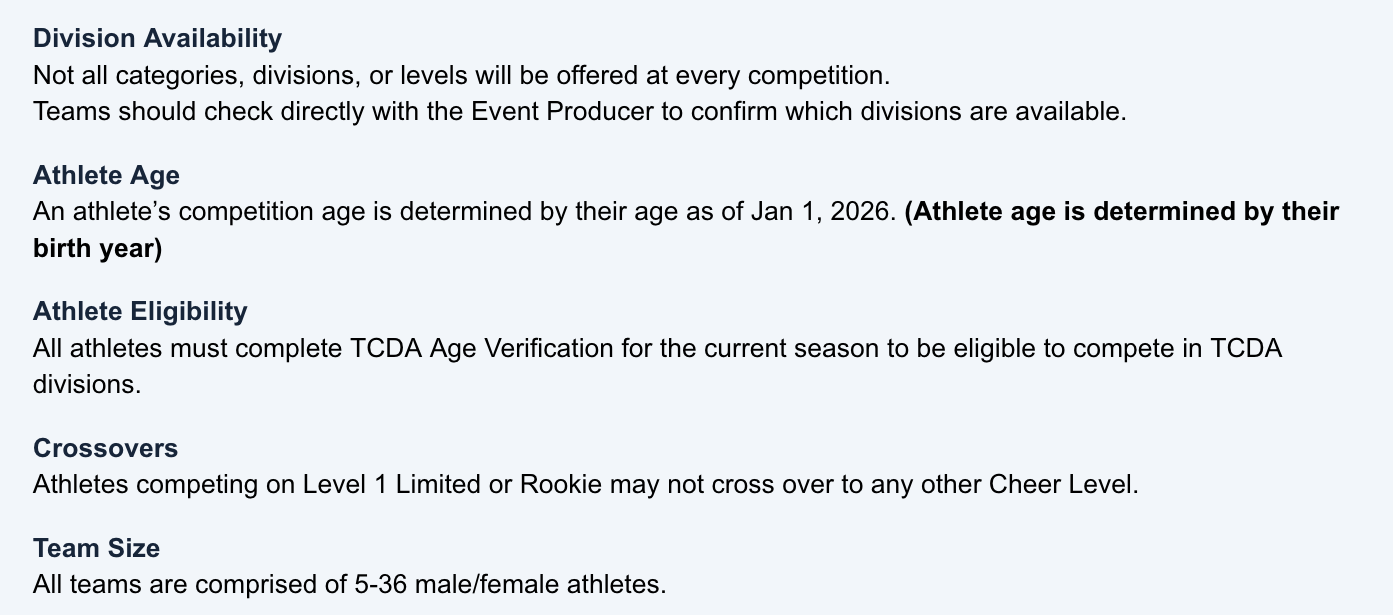 Screen with text about division availability, athlete age, athlete eligibility, crossovers, and team size, all in black font on a light blue background.