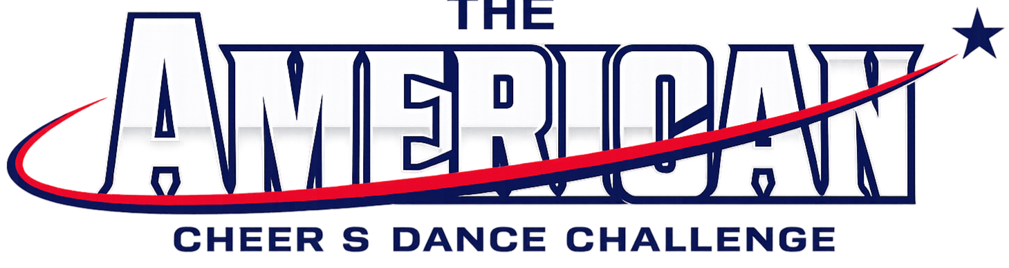 Logo for The American Cheer & Dance Challenge, featuring the text 'THE AMERICAN' with a red and blue swoosh and a blue star, and the subtitle 'CHEER S DANCE CHALLENGE'.