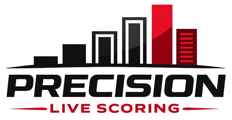 A logo for Precision Live Scoring, featuring a black and red bar graph with the word 'PRECISION' in bold black letters and 'LIVE SCORING' in red below.