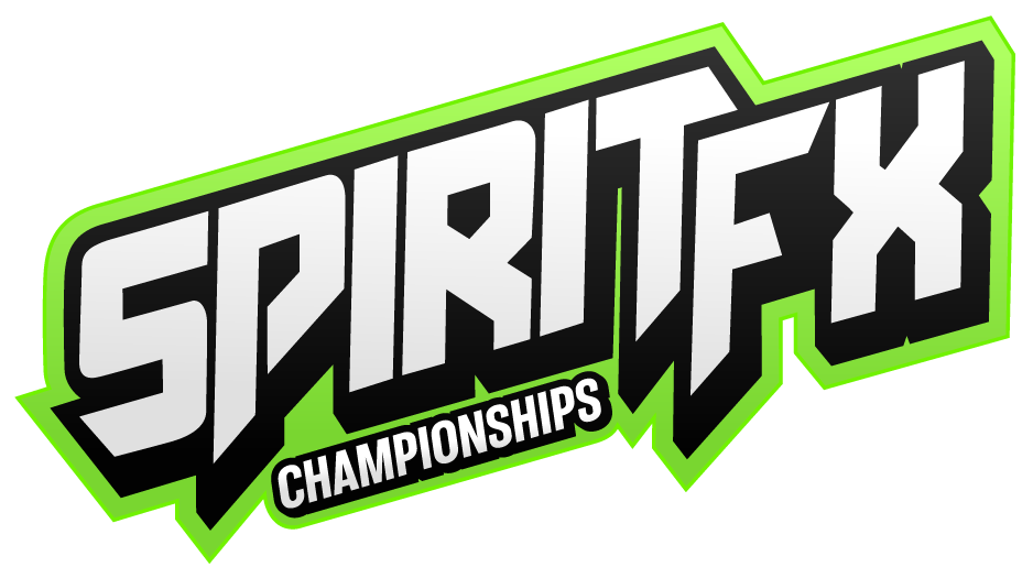 Logo for Spirit FX Championships with bold black and white text and green outline.
