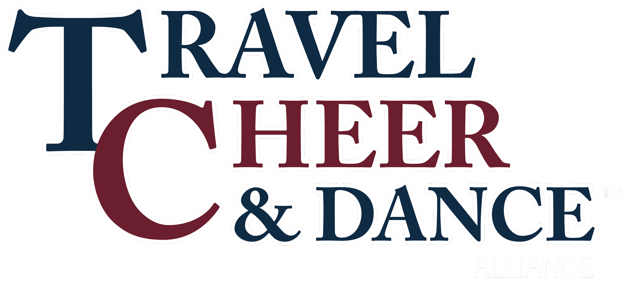 Logo for 'Travel Cheer & Dance Alliance' with stylized text in navy, maroon, and white on black background.