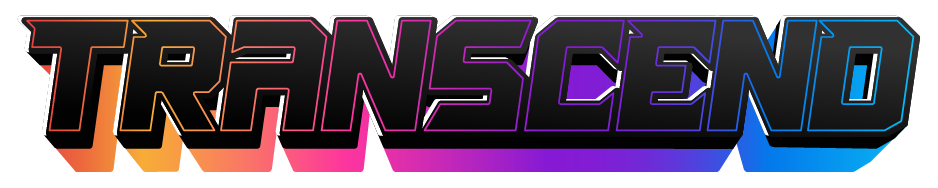 Colorful logo with the word "TRANSCEND" in bold, outlined letters, featuring a gradient rainbow of colors from red to blue.