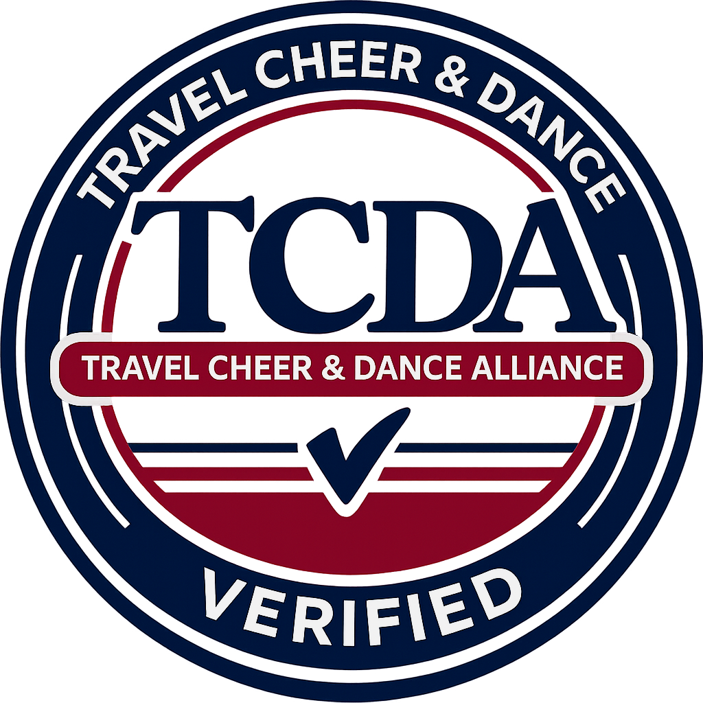 Badge with blue circular border reading "Travel Cheer & Dance" around the top and "Verified" around the bottom, with a red circle in the center. The center features the acronym "TCD&A" and a red banner with white text "Travel Cheer & Dance Alliance", along with a checkmark below.