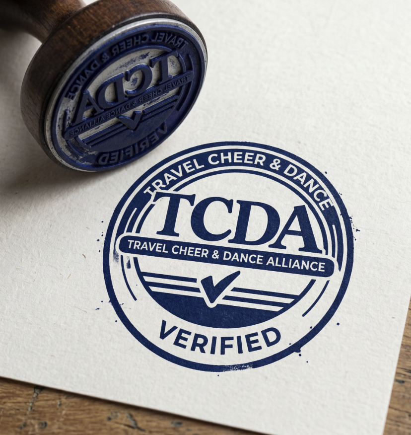 Blue travel cheer and dance alliance stamp on white paper, with a wooden handle rubber stamp nearby.