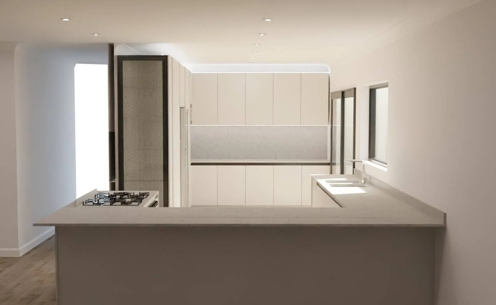 Modern kitchen with white cabinets, gray countertops, a sink near the window, and a stovetop on the breakfast bar.