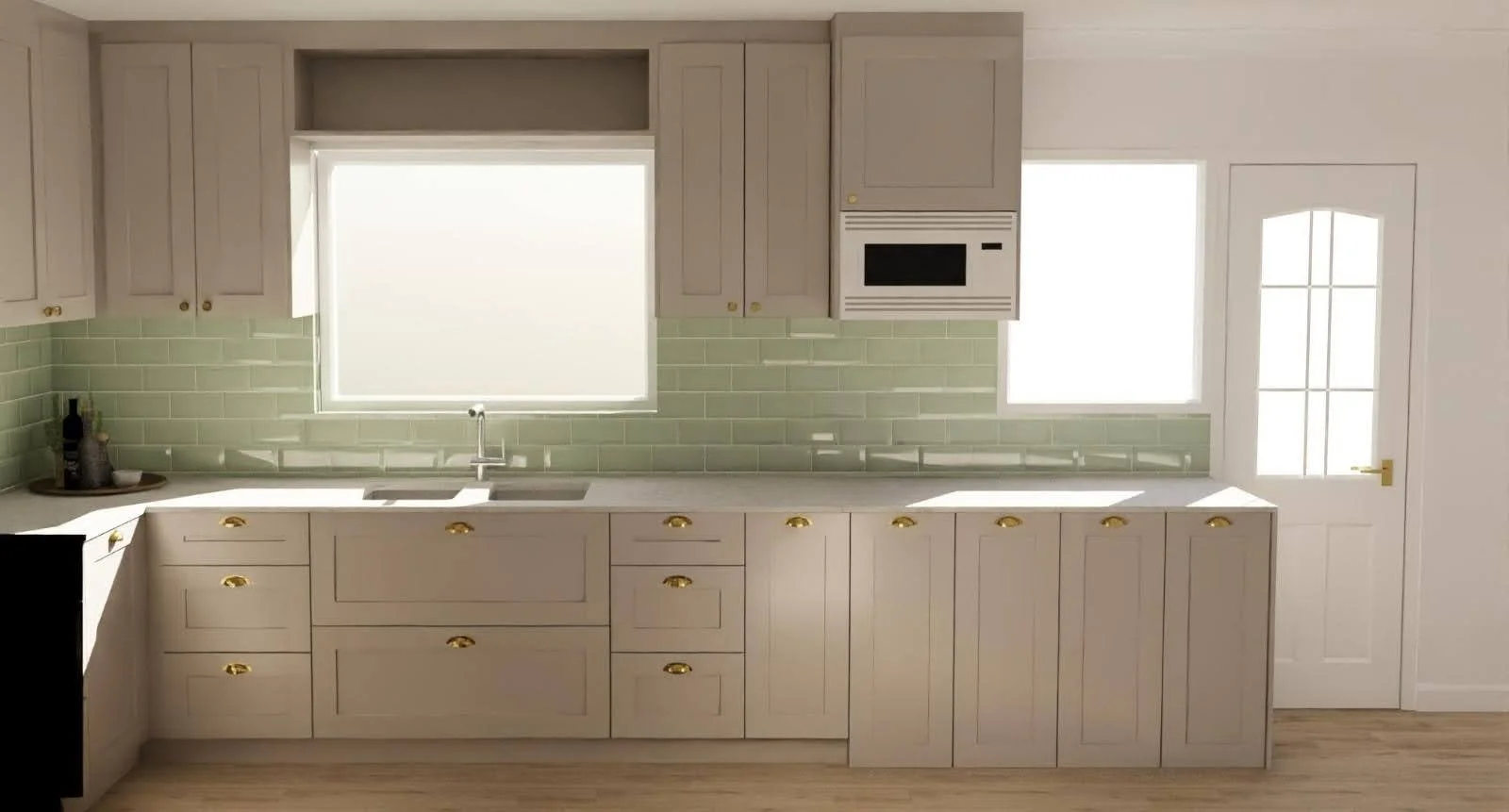 A bright kitchen with beige cabinets, green tile backsplash, a double sink under a window, a microwave built into the wall, and a door with a glass panel to the right.