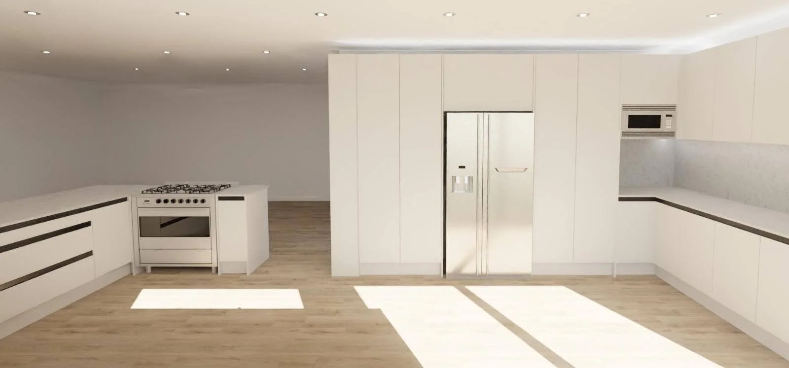 Empty modern kitchen with white cabinets, stainless steel refrigerator, microwave, and gas stove on light wood flooring, illuminated by ceiling lights.