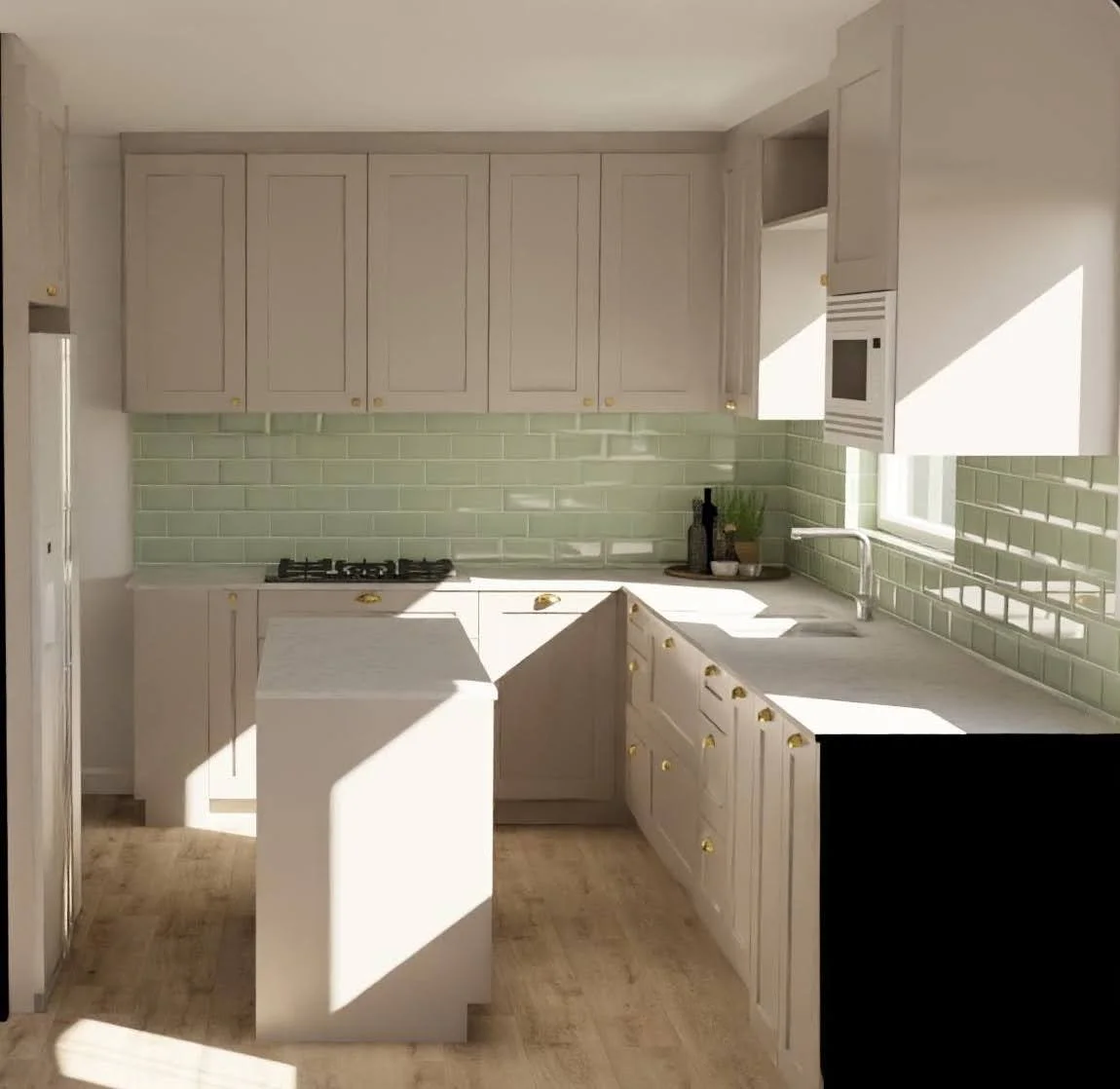 A kitchen with light gray cabinets, green subway tile backsplash, a white countertop, and a small island. There is a window letting in sunlight, a stove, and a sink with a modern faucet. Decor includes small potted plants and bottles.