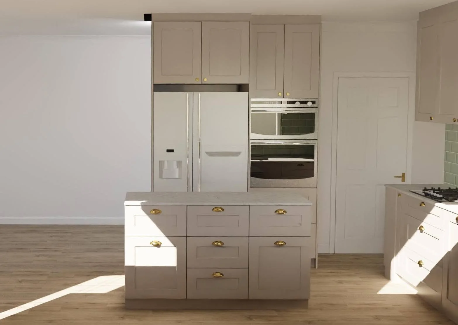 A modern kitchen with white cabinetry, a central island with gold handles, a double oven, a refrigerator, a gas stove, and light wood flooring.