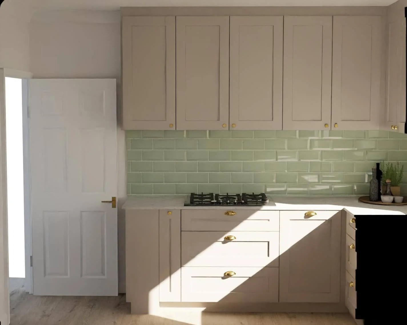 Kitchen with beige cabinets, light green tiled backsplash, and a gas stove, illuminated by sunlight.