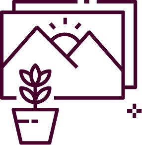 Line drawing of framed pictures and a potted plant