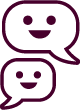 Two speech bubbles with smiling faces, one dark purple and one light purple, indicating conversation or communication.