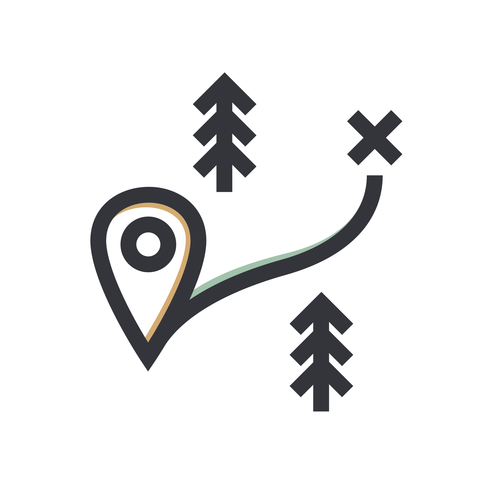 Map icon showing a location marker, a winding path, and three arrows pointing in different directions.