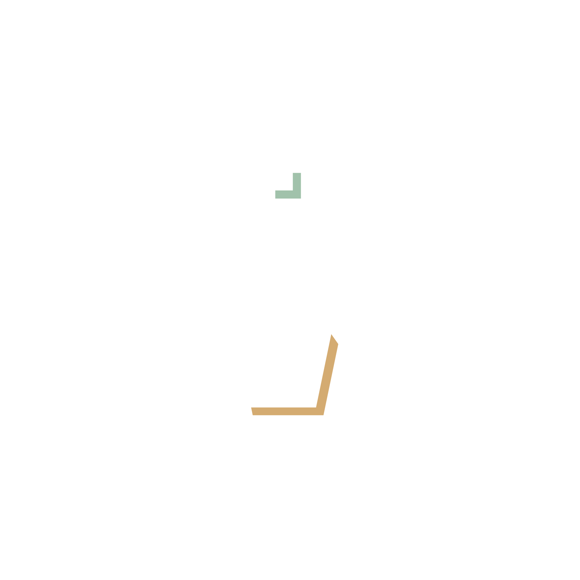 Abstract geometric illustration with a small green L-shape at the top and a larger beige L-shape at the bottom, on a white background.