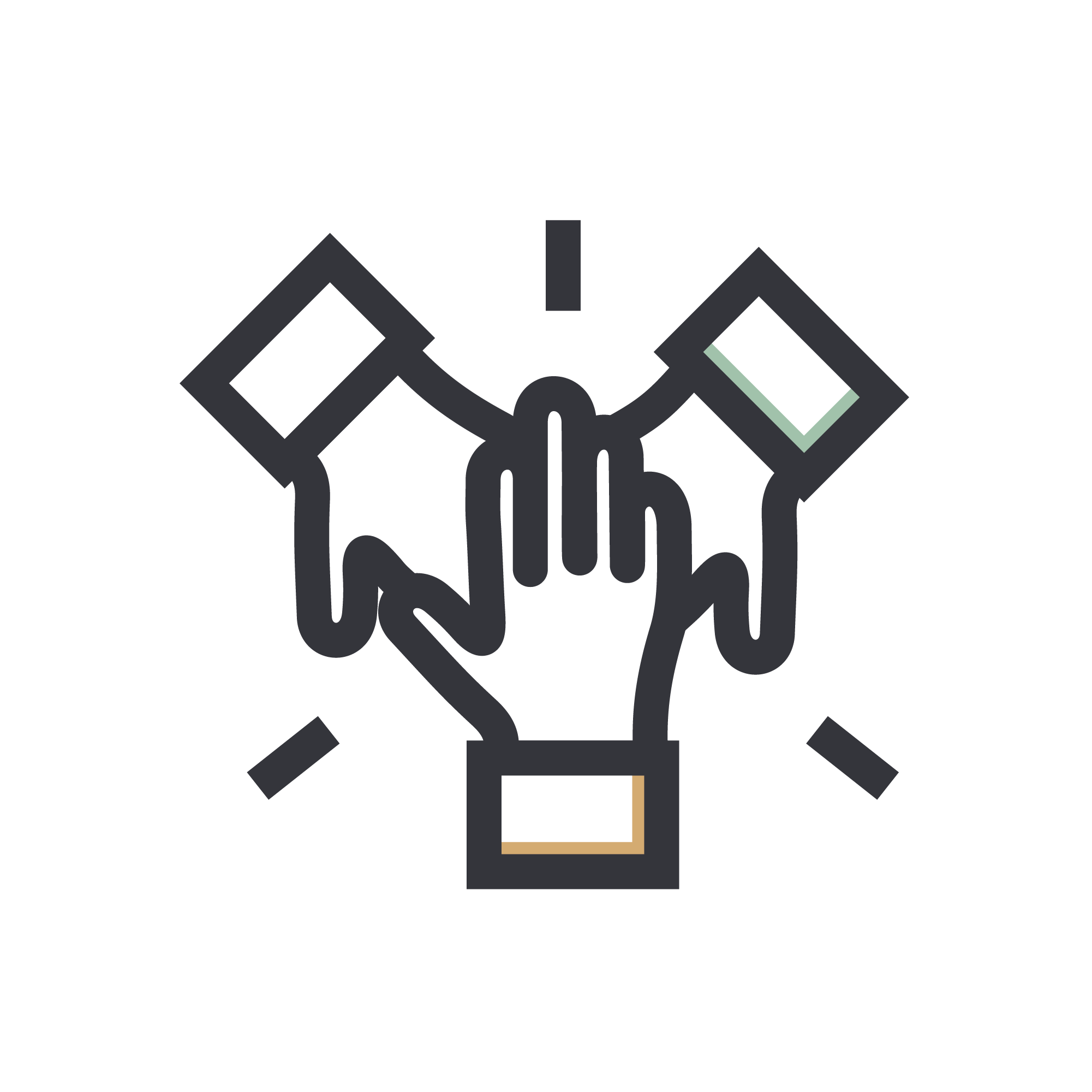 Line drawing of four hands joined together in a circle with a small exclamation mark above, outlined in black with partial light green and beige accents.
