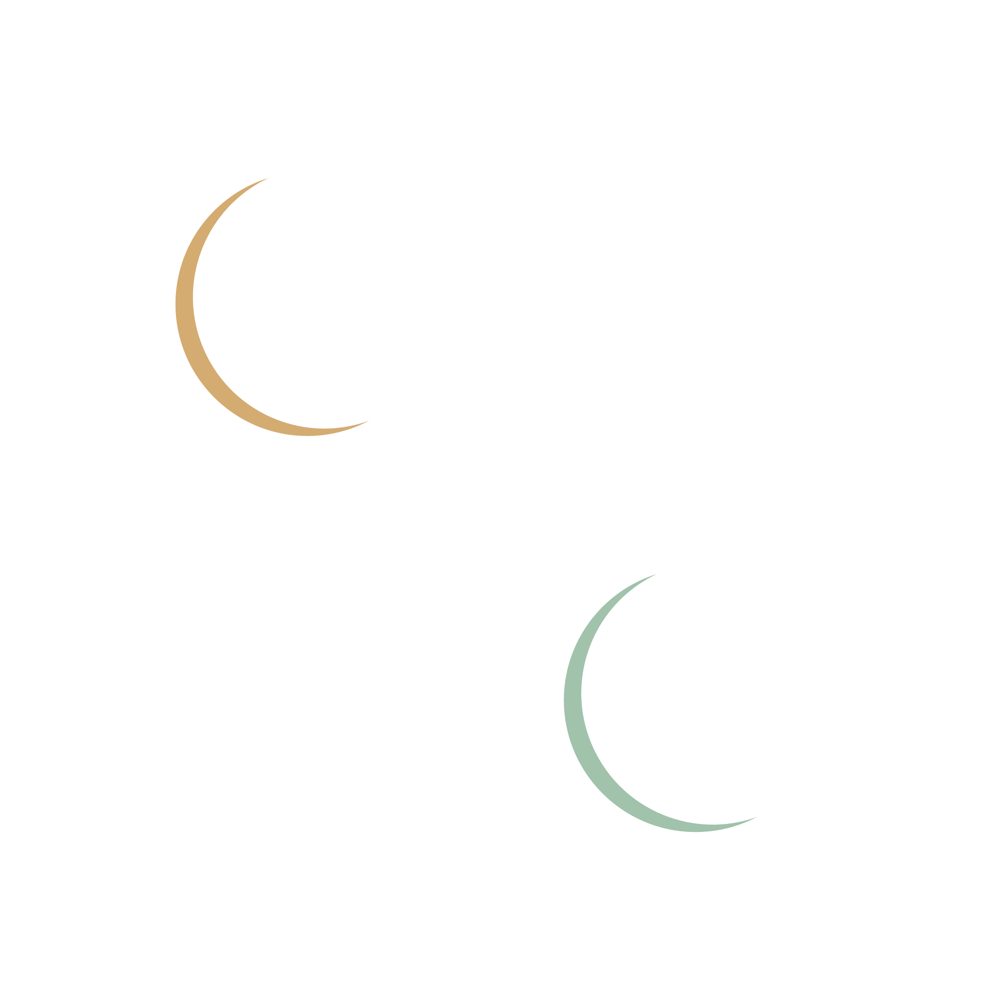 Two crescent moons, one in beige and one in light green, are positioned on a white background.