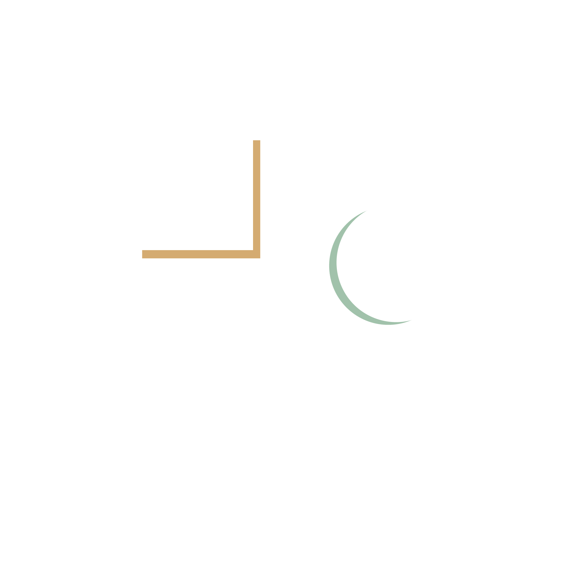 Abstract minimalistic logo with a brown L-shaped line and a light green crescent shape on a white background.
