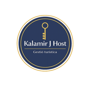 Logotipo circular azul con borde dorado, con una llave dorada en la parte superior y el texto 'Kalamir J Host' y 'Gestió turisticas' en el centro.