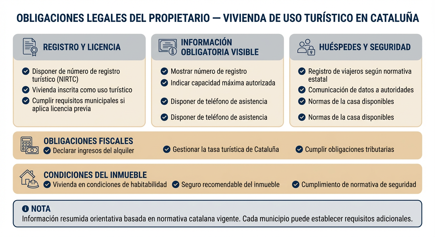 Información sobre obligaciones legales para viviendas de uso turístico en Cataluña, incluyendo registro y licencias, información visible obligatoria, huéspedes y seguridad, obligaciones fiscales, condiciones del inmueble y una nota con advertencias sobre requisitos adicionales según cada municipio.