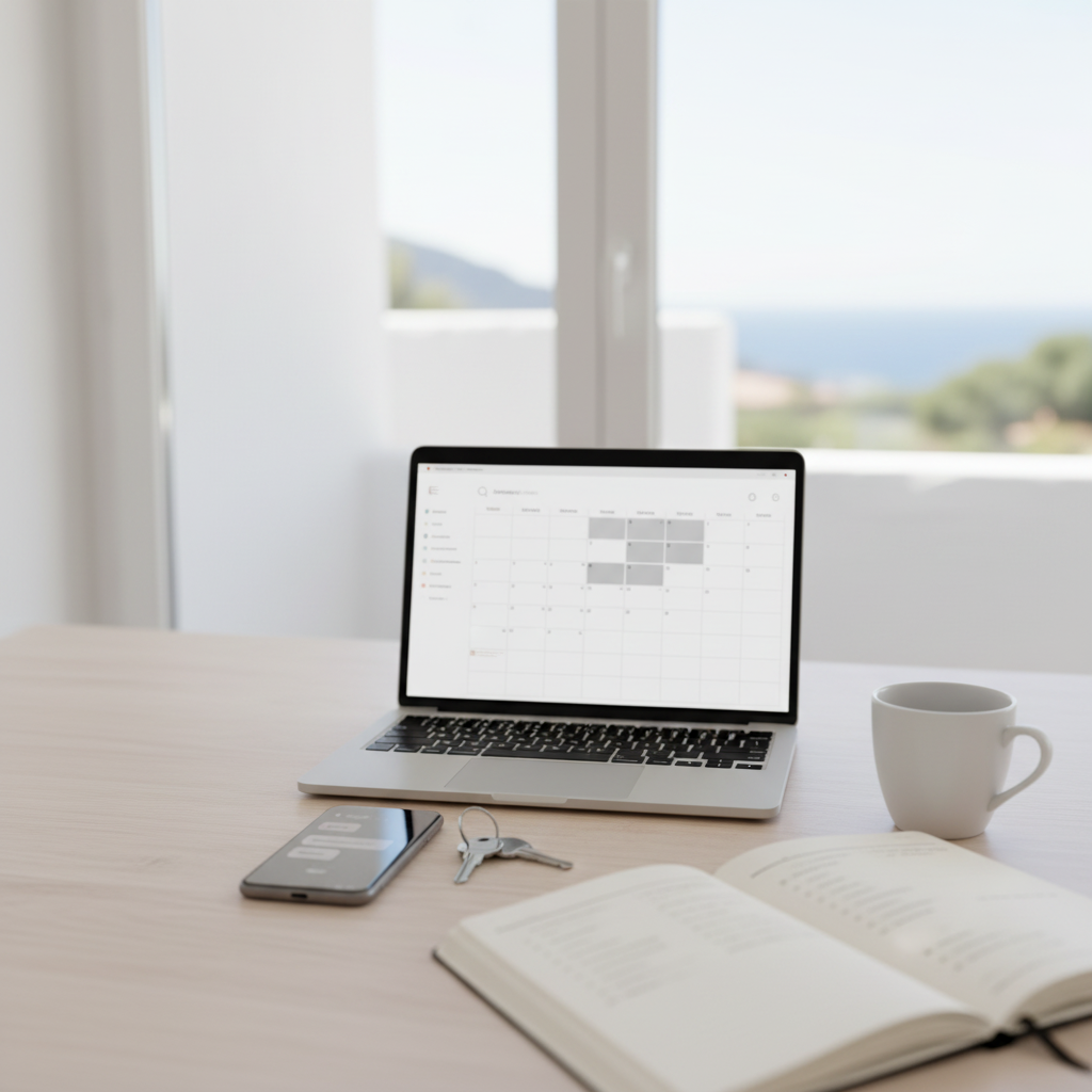 Mesa de trabajo con una computadora portátil, teléfono inteligente, llaves, taza de café y un libro abierto, en una estancia con vista al mar y ventanas grandes