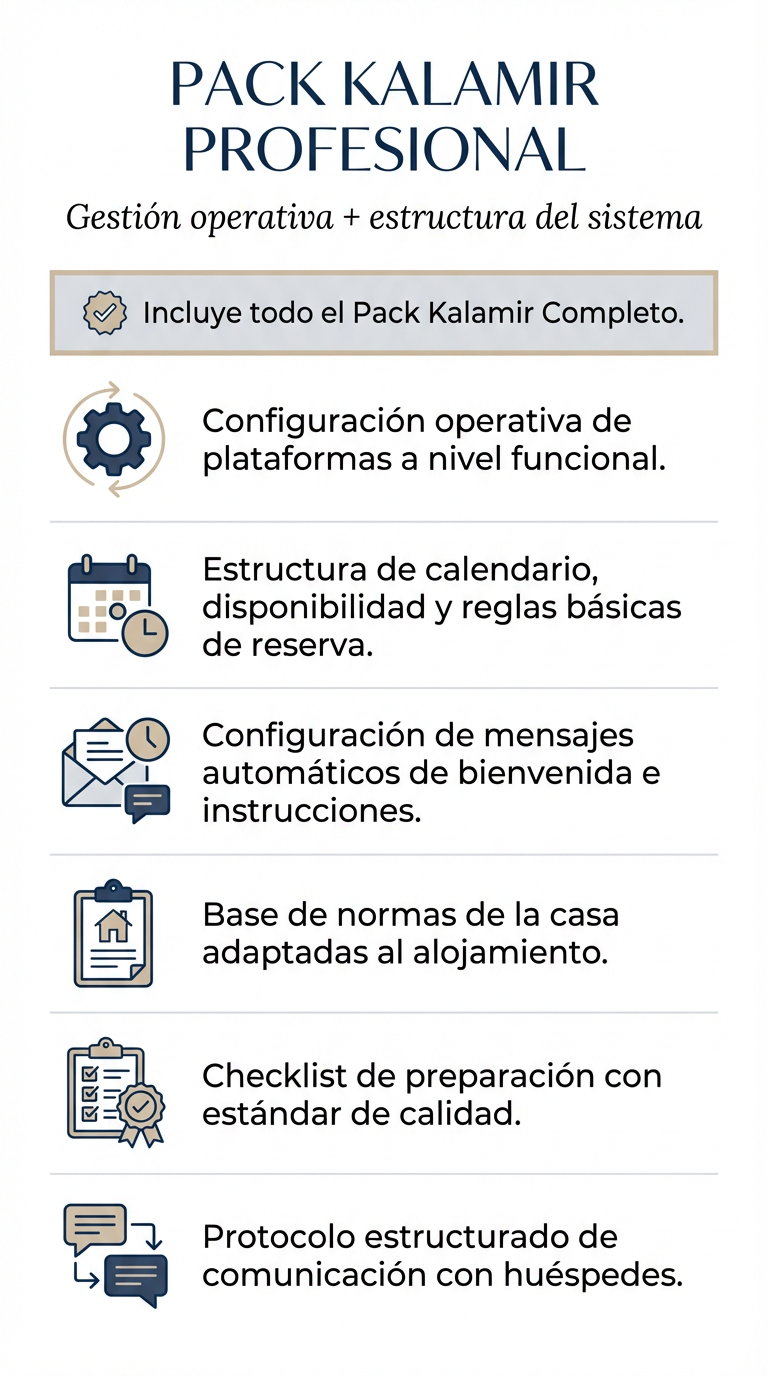 Paquete llamado Pack Kalamar Profesional que incluye gestión operativa, configuración de plataformas, estructura de calendario, mensajes automáticos, normas de la casa, lista de verificación y protocolo de comunicación con huéspedes.