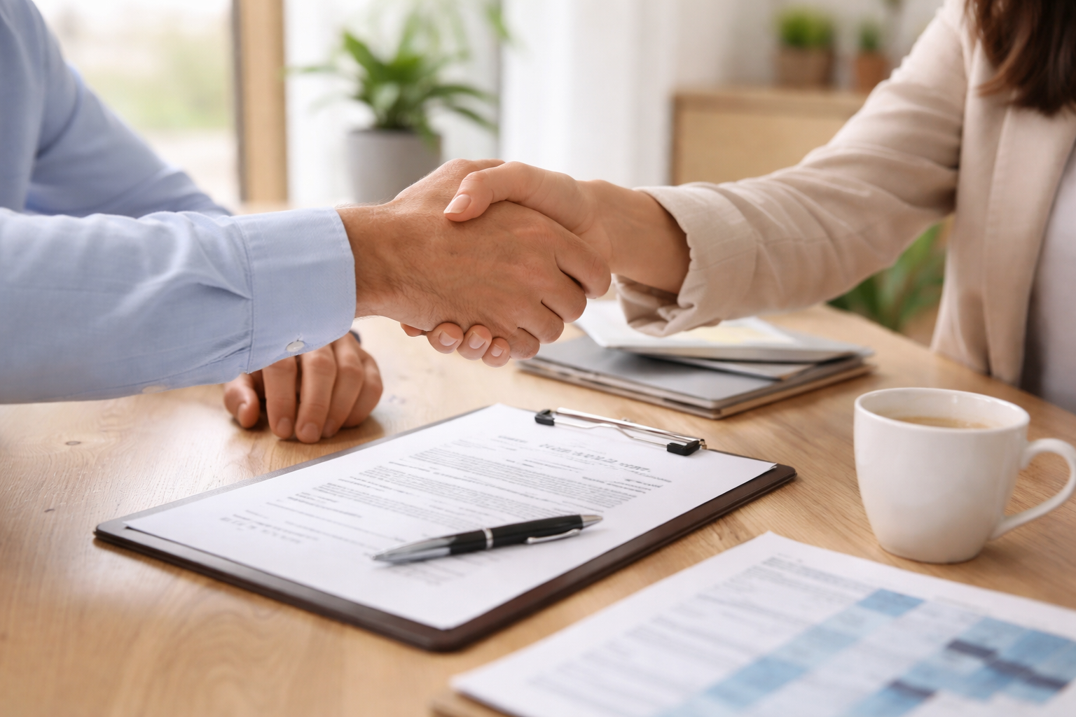 Apretón de manos entre dos personas en una oficina, con documentos, una taza de café y una pluma sobre la mesa.