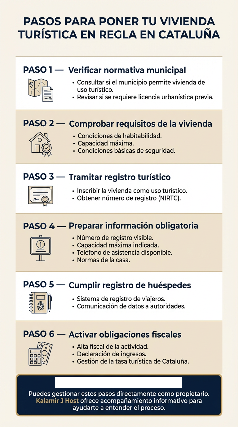 Guía con pasos para poner una vivienda turística en regla en Cataluña, incluyendo la verificación de normativa municipal, requisitos de vivienda, trámite del registro turístico, preparación de información, registro de huéspedes y activación de obligaciones fiscales.