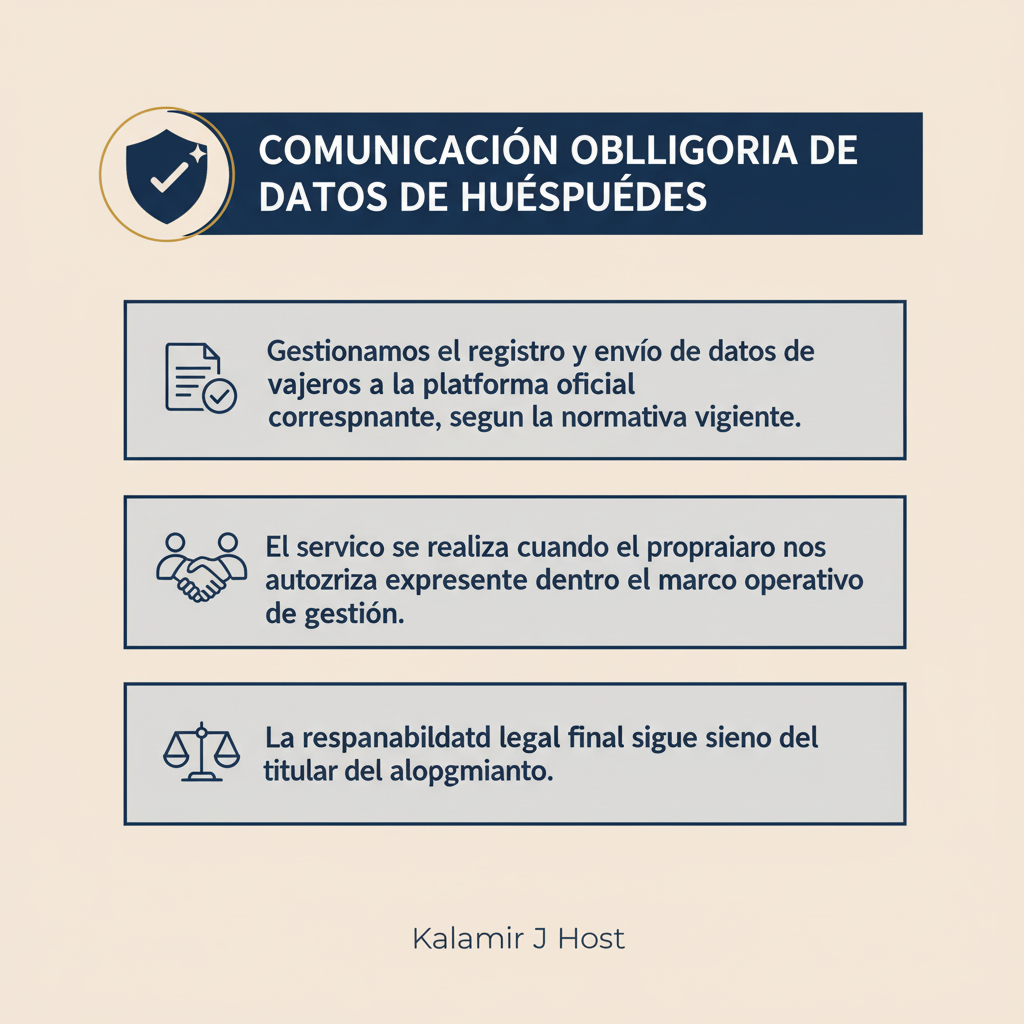 Información sobre la comunicación obligatoria de datos de viajeros, incluyendo gestión, autorización y responsabilidad legal, con iconos representativos.