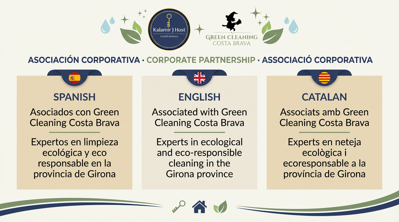Información sobre la asociación de Green Cleaning Costa Brava en tres idiomas: español, inglés y catalán, con logotipos y símbolos ecológicos.