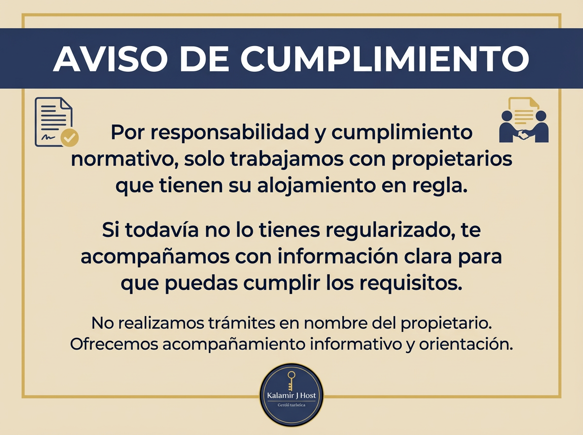 Aviso de cumplimiento para propietarios con alojamiento en regla, indicando que solo trabajan con propietarios regularizados y que ofrecen asesoramiento informativo, sin trámites en nombre del propietario.